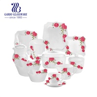 Service de table en verre opale céladon en gros, motif floral fantaisie OEM, 58 pièces, kit de tasses carrées élégant et minimaliste en verre trempé