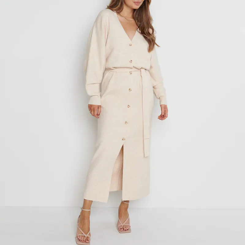 Women Cardigan Cotton Winter Fashion Custom 100% Cotton Long Sleeve Plus Size Belt Cardigan Knit Maxi Women Sweater Dress