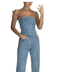 <span class=keywords><strong>Completo</strong></span> da <span class=keywords><strong>donna</strong></span> sexy con top scintillante a spalle scoperte e pantaloni lunghi decorati con diamanti, senza maniche, a tutta lunghezza - Product Image 1