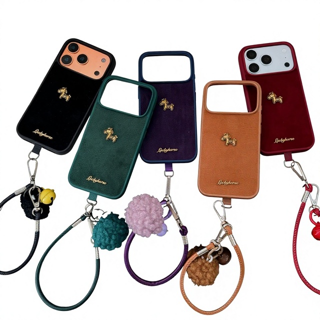 For Velvet 3D Silicone Gel Little Golden Horse Phone Case for 17 Pro Max with Shockproof Tassel Lanyard for 16/15/14
