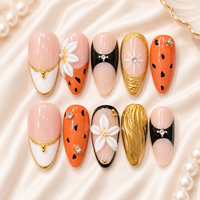 Ongles Press-On Faits Main de Luxe, Motif Fleur 3D Noir Orange, Faux Ongles Réutilisables, French Manucure Personnalisée, Vente en Gros