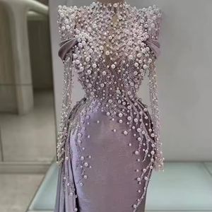 Exquisito Vestido de Noche Personalizado Estilo <span class=keywords><strong>Imperio</strong></span> y Corte Sirena con Bordados, Antiestático, de Alta Calidad, con Cuentas, Cola Capilla y Largo hasta el Suelo - Product Image 1