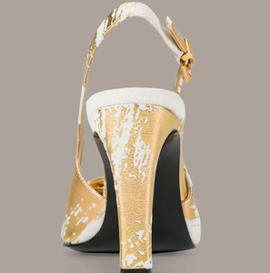 New Women's Fashion Elegant Slingback Pumps Pointed <b>Toe</b> <b>Closed</b> <b>Toe</b> Textile Upper with Gold Decoration Thin Heel for Party Office - Product Image 4