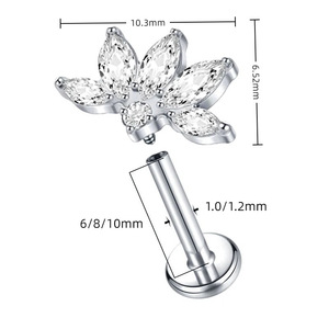 F136 Titanium Wholesale Jewerly Piercing 16g Helix Maurquise CZ Labret Fine Body <strong>Jewelry</strong> Internally Threaded Top Lip Nose Ring - Product Image 4