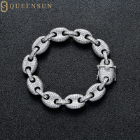 Queensun 14K katı beyaz altın 12mm Miami küba zincir bilezik DEF VS IGI GRA Lab yetiştirilen elmas düğün parti Hiphop bilezik hediye