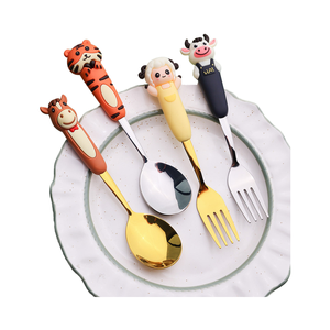 Forchette e Cucchiai per Bambini in Acciaio Inox 304 Placcato Oro con Manico in Plastica PP, Design Cartoon, Finitura a Specchio, Regalo per Feste - Product Image 1