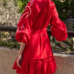 Vestido de Verano Personalizado con Bordado Elegante, de Algodón y Lino, Cuello en V, Casual, Corte en A, Mangas Abullonadas, Midi, para Mujer - Product Image 2