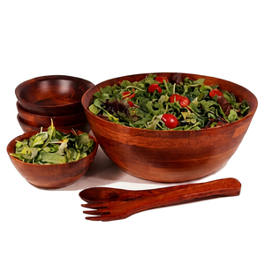 Ensemble de saladiers en bois de qualité supérieure avec cuillère et fourchette de service, ronds, durables, compatibles lave-vaisselle, design minimaliste pour un usage quotidien - Product Image 1