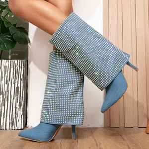 Aneikeh kadınlar moda trendi Denim devrilmiş-kenar sivri Chelsea çizmeler 2024 SpringAutumn parlak kristal elmas orta buzağı çizmeler