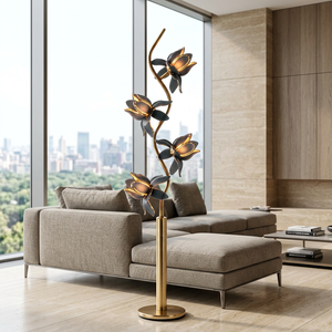Minimalist Grey Glass Flower Floor Lamp Slim Iron <b>Pole</b> E26, Nordic Style Blossom Standing <b>Light</b> for Bedroom Bedside Reading Lamp - Product Image 1