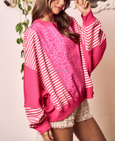 Sweat-shirt pour femme en gros, tendance, rose vif, imprimé léopard, patchwork, col rond surdimensionné