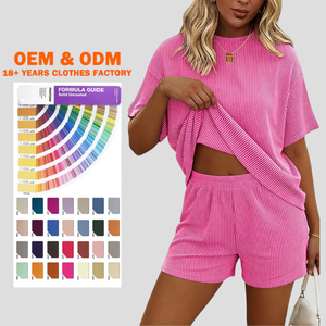 Conjunto de Pijama para Mujer al por Mayor, Personalizado, Suave y Holgado, de Manga Corta, Cuello Redondo, Top y Pantalones Cortos, 2 Piezas, Ropa de Dormir de Verano - Product Image 1