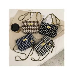 Tas Bahu Wanita Kualitas Tinggi Houndstooth Desainer Tas Selempang Rantai Wol Wanita Tas Kecil Merek Terkenal Baru