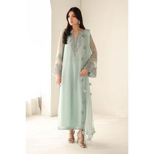 Costume trois pièces coupe droite vert sauge pastel brodé avec manches en organza - Product Image 1