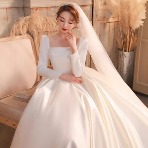Elegant Heavy Satin Wedding Dress Square Collar Long Sleeve Ball Gown Natural Waistline For Brides - Product Image 3