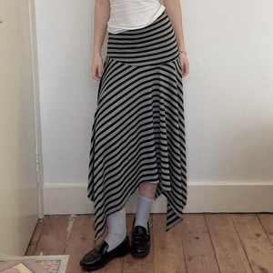 Jupe midi en tricot rayée pour femme, ourlet irrégulier, taille basse, style Y2K, décontractée, streetwear d'été - Product Image 5
