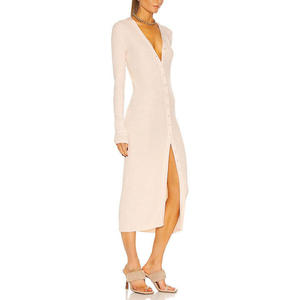 <span class=keywords><strong>Abito</strong></span> in <span class=keywords><strong>Jersey</strong></span> a Coste OEM 2025 da Donna, Invernale, Tinta Unita, Traspirante, con Bottoni, Casual, <span class=keywords><strong>Midi</strong></span>, Personalizzabile, Scollo a V, Aderente, Vita Naturale - Product Image 5