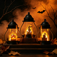 Lanterne Citrouille d'Halloween Direct Usine, Forme Cylindrique à Double Anse avec Bougie LED Sans Flamme pour Décoration de Fête de Maison Hantée
