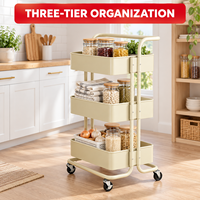 Chariot utilitaire roulant en métal à 3 niveaux, chariot de rangement mobile robuste avec poignée ergonomique et roulettes verrouillables pour la maison et le bureau