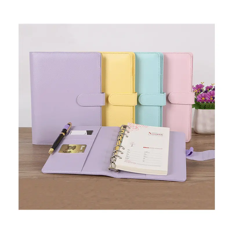 A5 A6 Nhật Ký Thư Mục Ngân Sách Chất Kết Dính Lá Macaron Kế Hoạch Bìa Cứng PU Leather Ring Binder 6 Ring