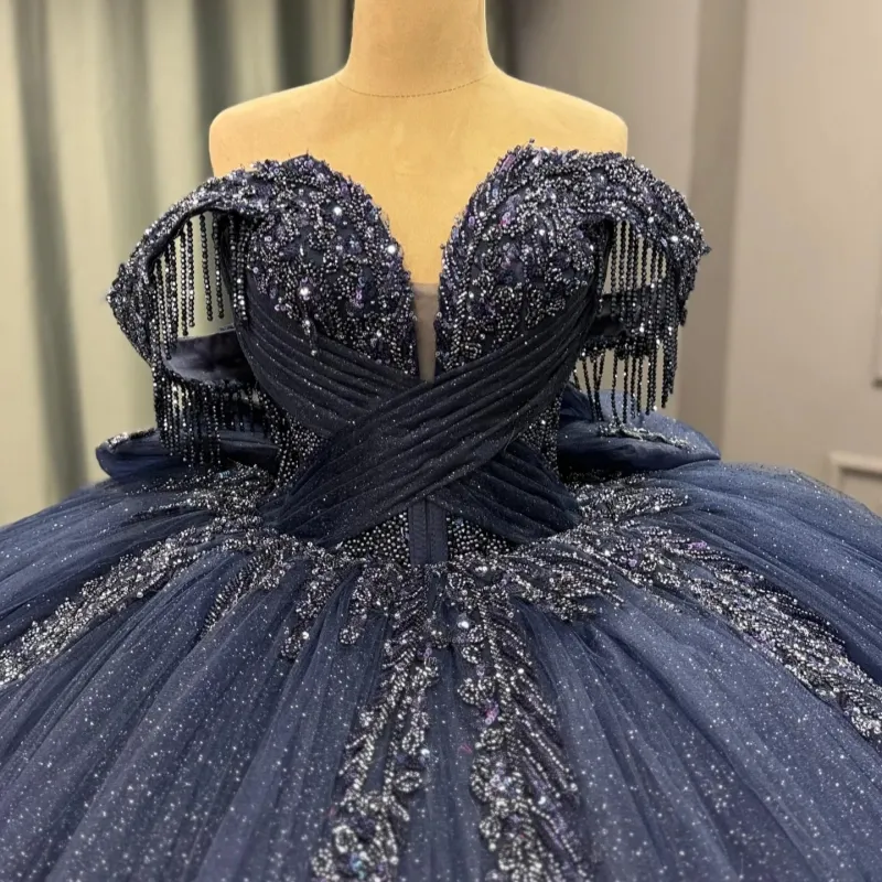 Navy Blue and Rhinestone Dress - Elegant Prom Gowns