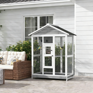 Cage à oiseaux moderne en bois massif avec 4 perchoirs, grilles en acier, 2 portes pour perruches et pinsons, gris acier - Product Image 3