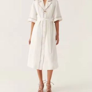 Robe d'été personnalisée à logo, col à revers, manches courtes, en lin et coton, style polo, pour femme - Prix bas, promotion exceptionnelle - Product Image 1