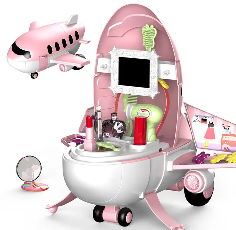 Yeni tasarım bebek soyunma masa oyuncak 2 IN 1 uçak şekli çocuklar makyaj seti oyuncak kız makyaj oyuncak seti