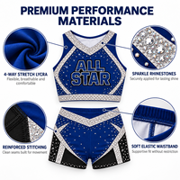 Ensemble d'entraînement de cheerleading OEM All Star avec cristaux AB scintillants, soutien-gorge bleu roi et noir, short taille haute, tenue d'entraînement pour équipe universitaire