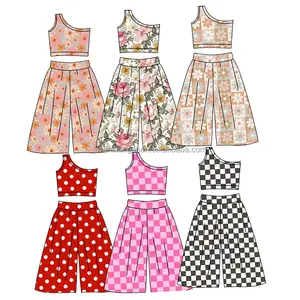 Модный летний комплект одежды для маленьких девочек, комбинезон с принтом на одно плечо, топы и штаны с широкими штанинами, комплекты из 2 предметов