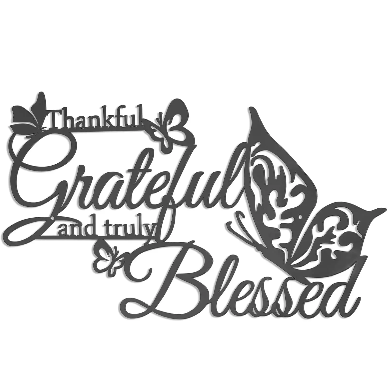 Thankful Grateful and Truly Blessed Art Word Wall Sign Decor, Black Metal Hanging Wall Home Decoration with Butterflies