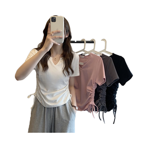 Camiseta de Manga Corta con Cuello en V y Cordón Ajustable, Diseño Moderno, Bordada, de Seda/Algodón, Estilo Puro Deseo, Ropa de Mujer, Verano 2025 - Product Image 4