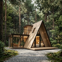 Villa de luxe en structure acier, design moderne, maison préfabriquée triangulaire S580, pour complexe touristique et hôtel de villégiature aux paysages de cerisiers en fleurs.