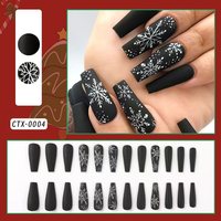 24 faux ongles de Noël rouges à presser, forme cercueil moyenne, avec flocons de neige blancs et strass, couverture complète, en acrylique artificiel