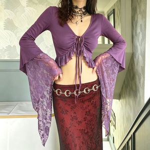 European spicy lace spliced bell sleeve V <b>neck</b> <b>tie</b> ruffled cropped cover up vacation style pure desire design top - Product Image 5
