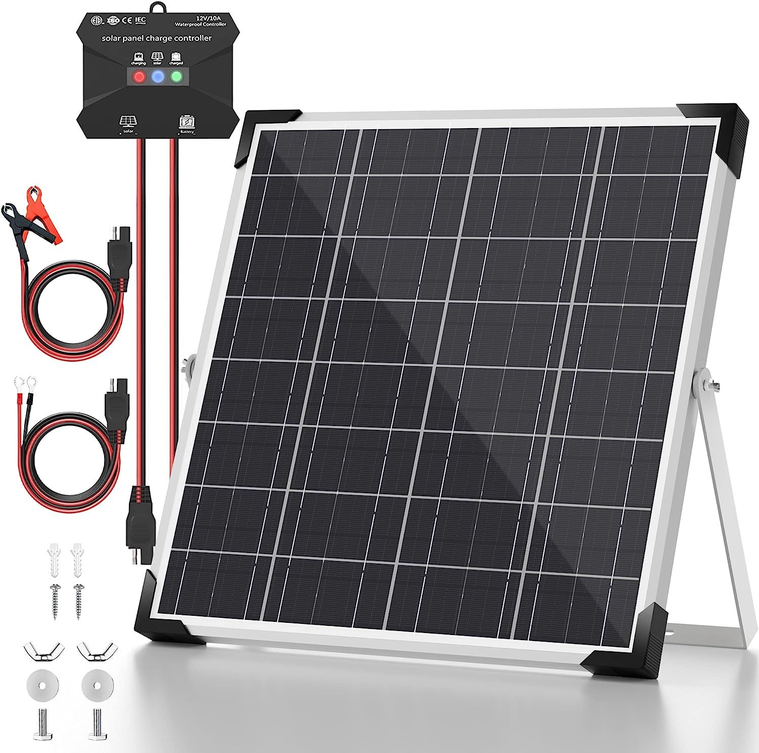 20W <strong>12V</strong> <strong>Solar</strong> Panel Kit, <strong>Battery</strong> Trickle Charger <strong>Maintainer</strong> Adjustable Mount Bracket for Car RV Boat Motorcycle Automotive
