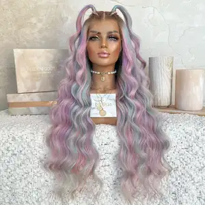 Rainbow Color Italian Lace Front Long Human Hair Wigs Pink Highlight Body Loose Wave Ready To Wear Adjustable Size Wig