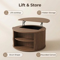 Table basse ronde de 31,5 pouces avec plateau relevable, panneau MDF, porte coulissante à tambour, petite table basse ronde pour petit salon