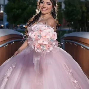 Mumuleo 핑크 볼 가운 Quinceanera 드레스 연예인 파티 가운 아플리케 레이스 얇은 명주 그물 졸업 Vestido De 15 Anos 가운