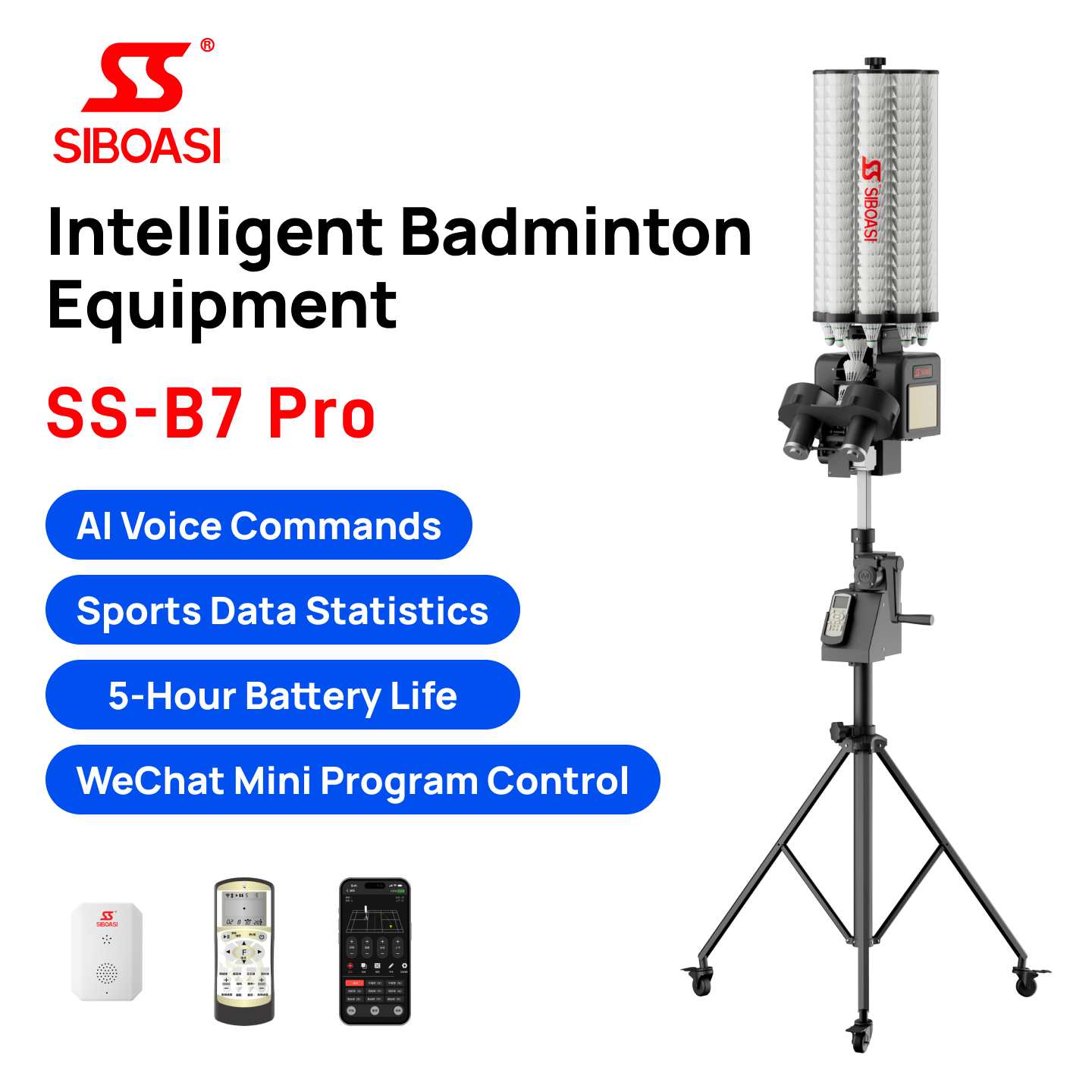 Siboasi B7 Pro AI Voice Control Badminton Feeding Machine Training Equipment Iron ABS Guangdong School