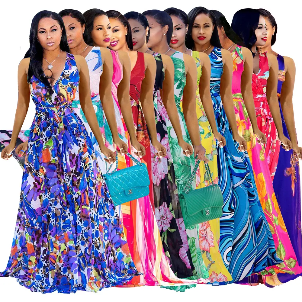 2021 summer New style fashion women and ankle long dresses print overall condole casual long dresses women maxi