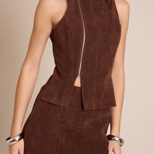 เดรสสั้นทรงเข้ารูป คอตั้ง แขนกุด ผ้าหนังกลับเทียม ซิปหน้า สไตล์เรโทร สำหรับผู้หญิง รุ่นใหม่ล่าสุด - Product Image 3