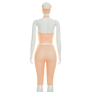 Viviblook C26ST206 Ensemble 3 Pièces Sexy pour Femme : Débardeur Halter Rayé Rétro Sans Manches, Pantalon Court et Bandeau – Idéal Été - Product Image 2