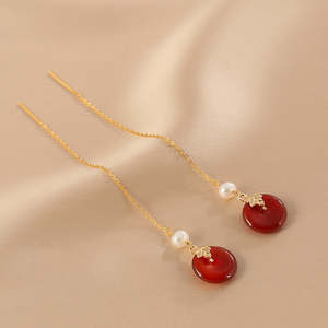 Boucles d'oreilles pendantes vintage pour femmes, longues franges en agate et perles naturelles - Product Image 2