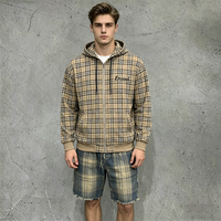 Ensemble de survêtement épais pour homme : sweat à capuche zippé à carreaux vintage personnalisé et short en jean déchiré de marques streetwear premium