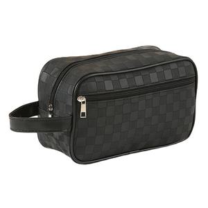 Grid Leather Zipper <b>Pouch</b> Shaving Dopp Kit <b>Mens</b> Travel Toiletry <b>Bag</b> PU Business Cosmetic <b>Bag</b> A-2657 - Product Image 1