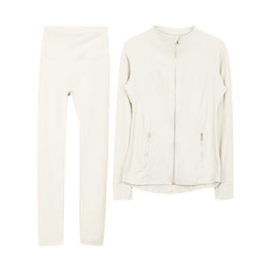 Solid Color Women's <b>Yoga</b> <b>Jacket</b> and Leggings Set in Pink, Beige, and Purple with Zipper Front and Side Pockets - Product Image 2