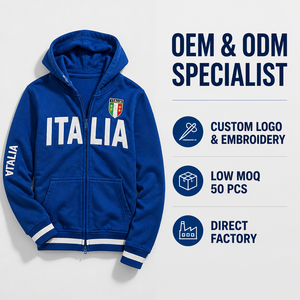 Sweat à capuche bleu personnalisé avec logo, fermeture éclair intégrale, détail drapeau italien, bordure côtelée contrastante, uniformes d'équipe, tissu éponge automne - Product Image 2