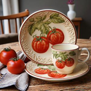 FENN rustico dipinto a mano piatto rotondo piatto decorativo per insalata bordo goffrato personalizzato di frutta pomodoro modello piatto in ceramica Set piatto da portata - Product Image 6