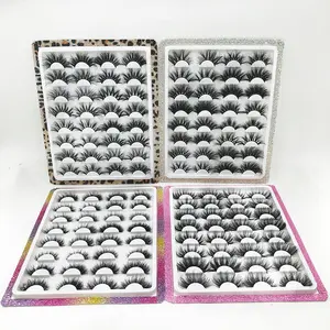 Kustom Kemasan Private Label Mink Bulu Mata Panjang Alami 3D Bulu Mata Palsu Berlian 16 Pasang 25Mm Mink Bulu Mata Tray